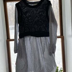 Black and White Long Sleeve Sundress with Crew Neck